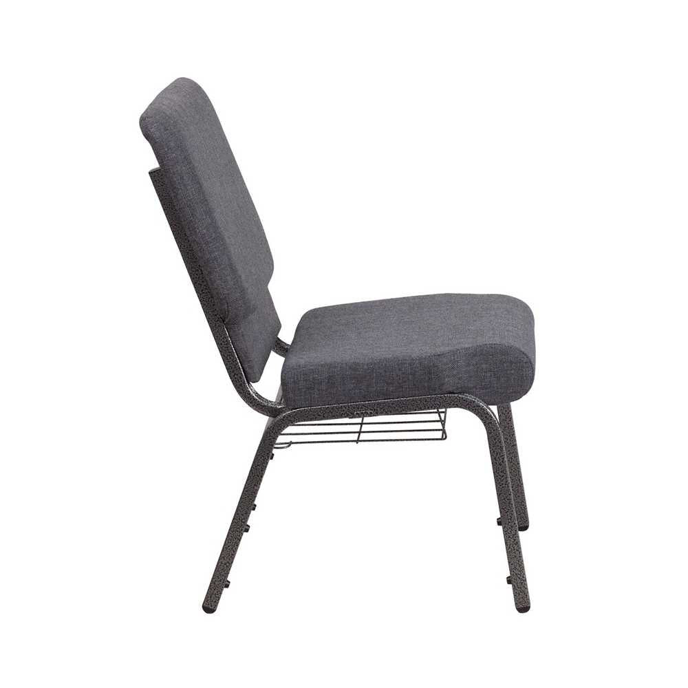 18.5''W Church Chair in Dark Gray Fabric with Book Rack - Silver Vein Frame