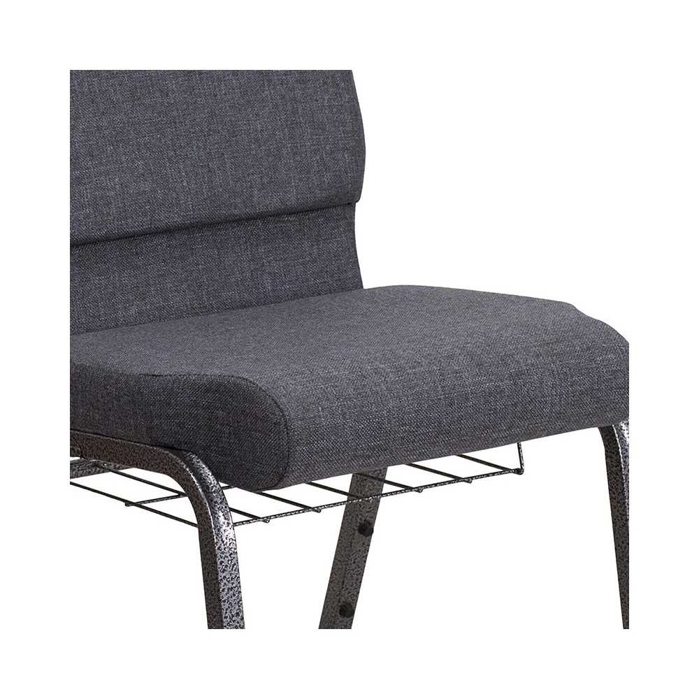 18.5''W Church Chair in Dark Gray Fabric with Book Rack - Silver Vein Frame