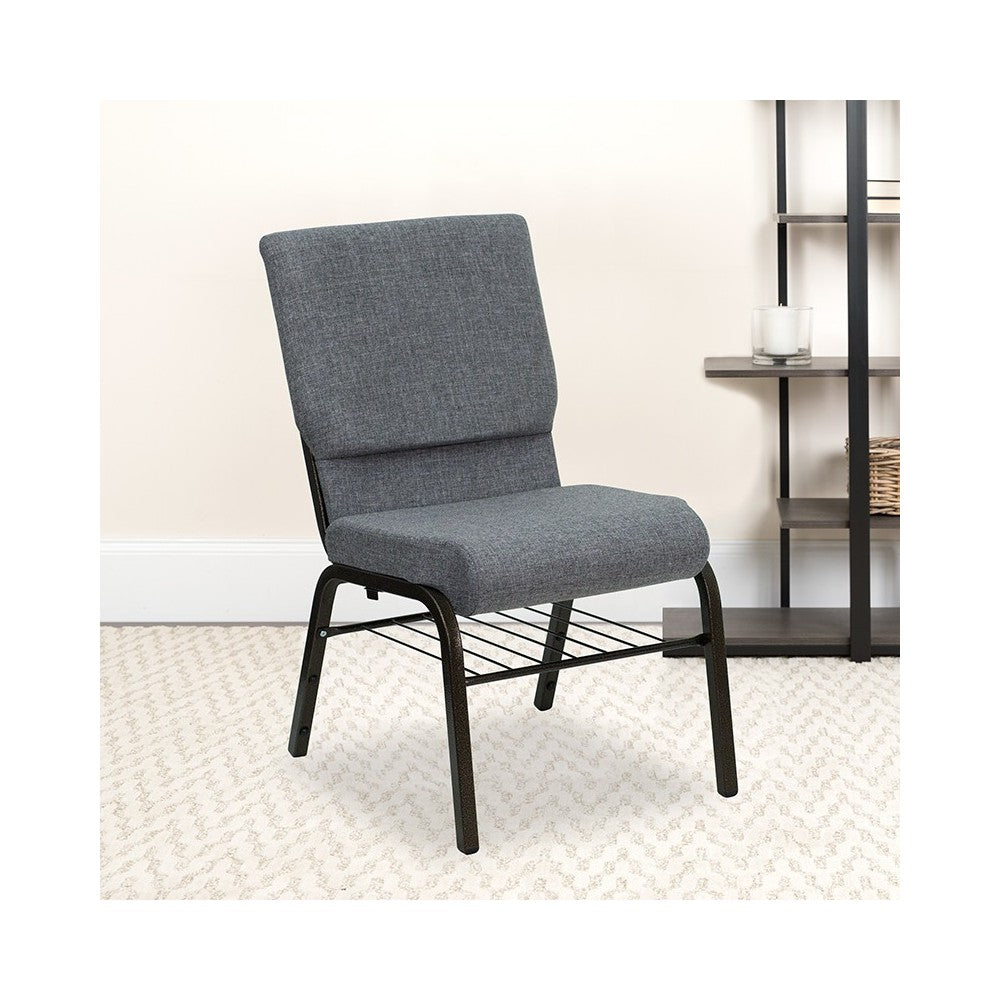 18.5''W Church Chair in Gray Fabric with Book Rack - Gold Vein Frame