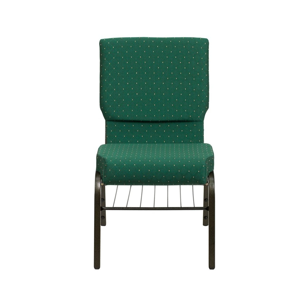18.5''W Church Chair in Green Patterned Fabric with Book Rack - Gold Vein Frame