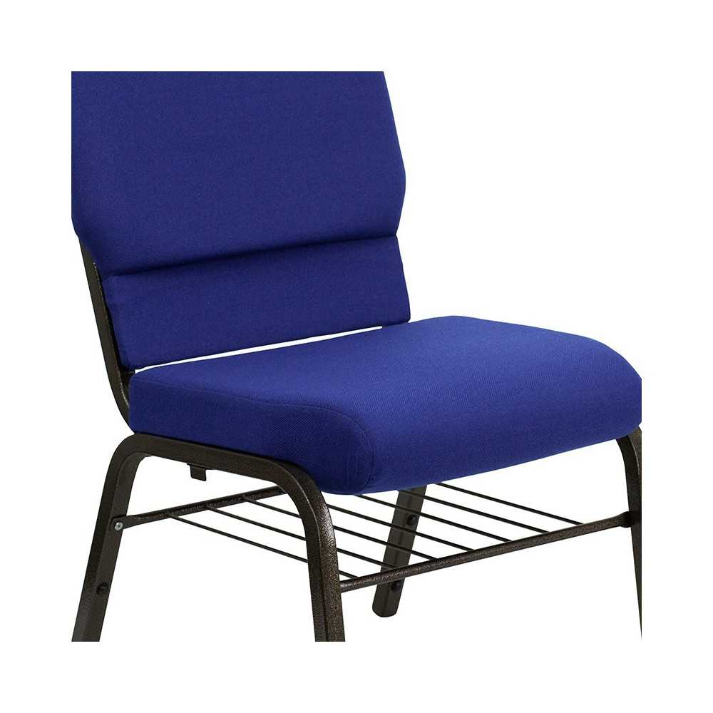 18.5''W Church Chair in Navy Blue Fabric with Book Rack - Gold Vein Frame