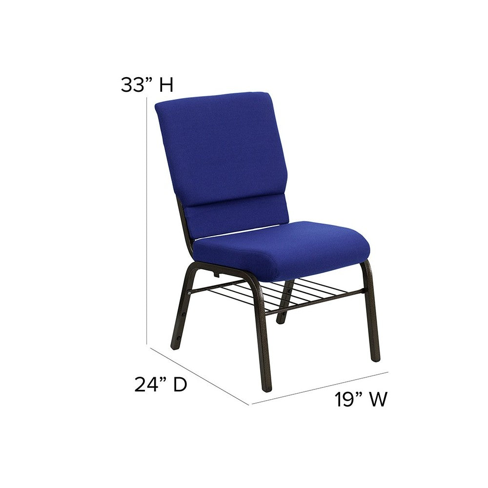 18.5''W Church Chair in Navy Blue Fabric with Book Rack - Gold Vein Frame