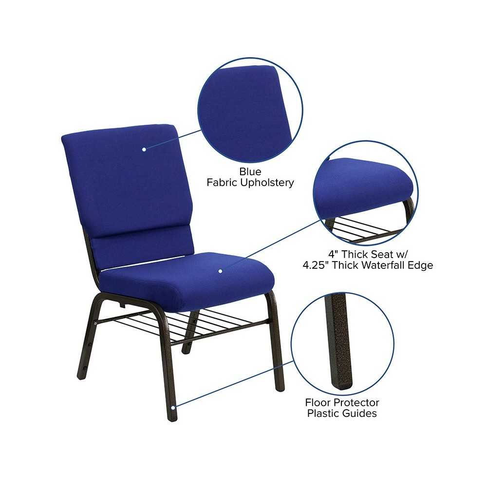 18.5''W Church Chair in Navy Blue Fabric with Book Rack - Gold Vein Frame