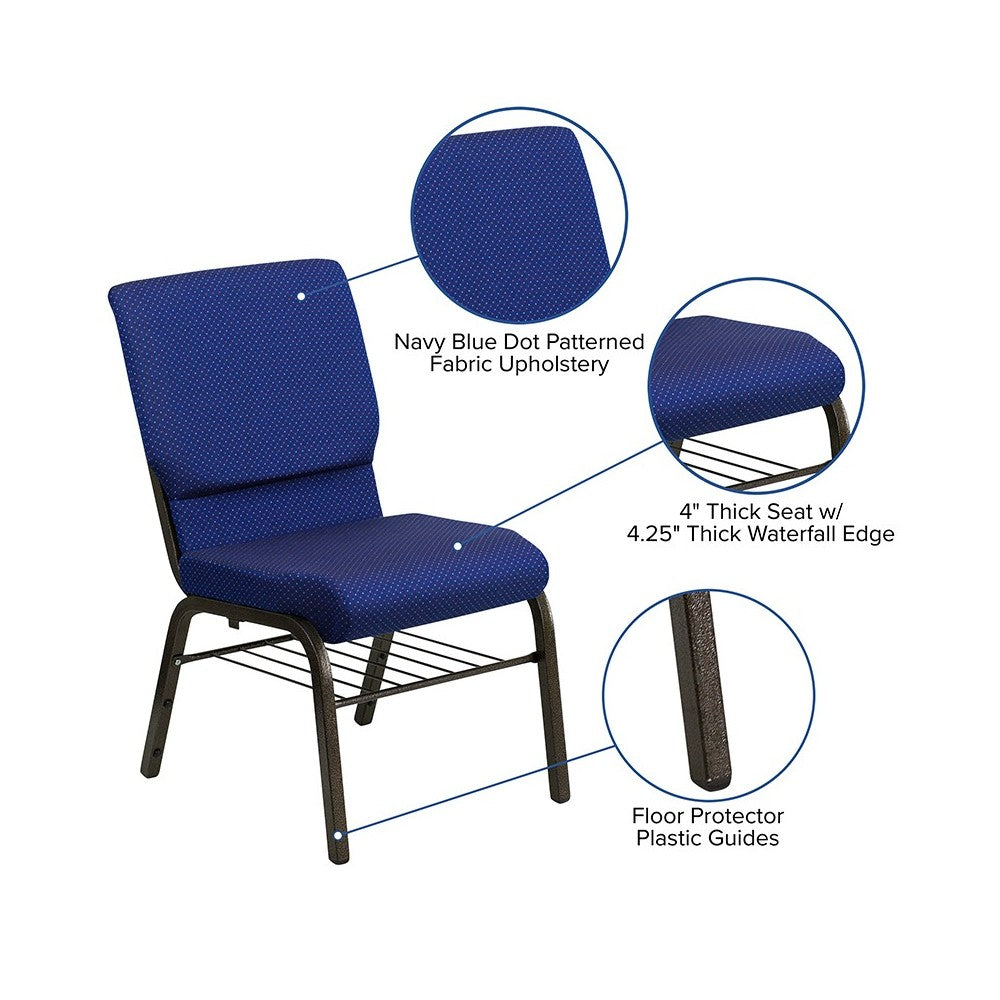 18.5''W Church Chair in Navy Blue Patterned Fabric with Book Rack - Gold Vein Frame