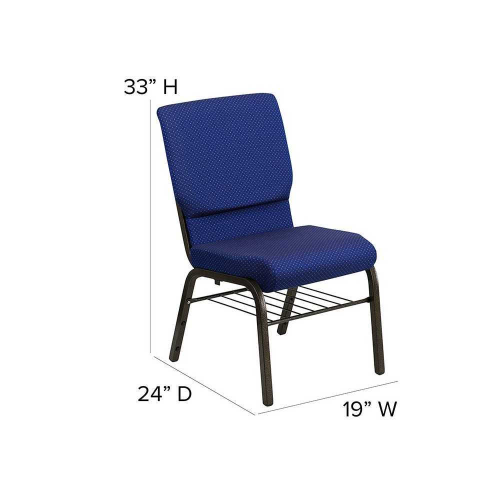 18.5''W Church Chair in Navy Blue Patterned Fabric with Book Rack - Gold Vein Frame