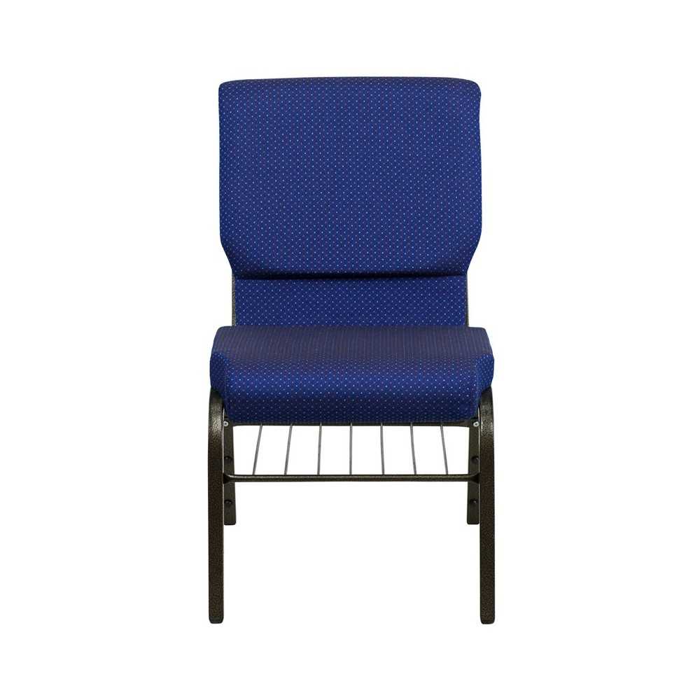 18.5''W Church Chair in Navy Blue Patterned Fabric with Book Rack - Gold Vein Frame