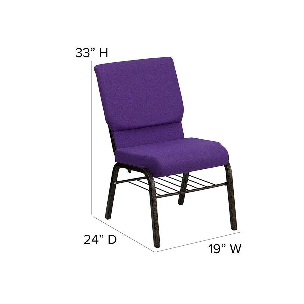 18.5''W Church Chair in Purple Fabric with Book Rack - Gold Vein Frame