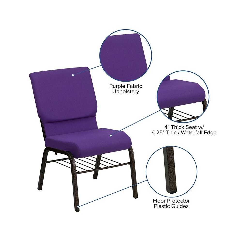 18.5''W Church Chair in Purple Fabric with Book Rack - Gold Vein Frame