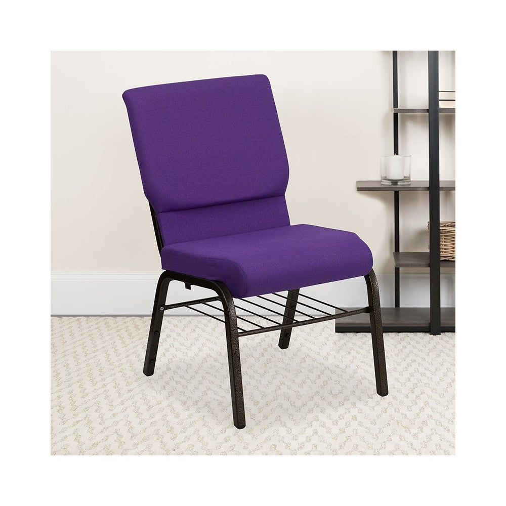 18.5''W Church Chair in Purple Fabric with Book Rack - Gold Vein Frame