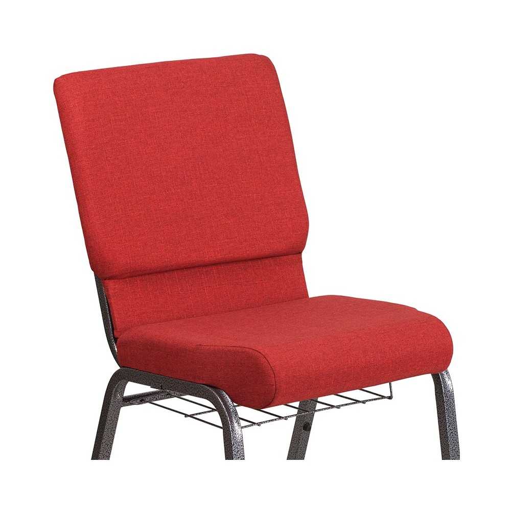 18.5''W Church Chair in Red Fabric with Cup Book Rack - Silver Vein Frame