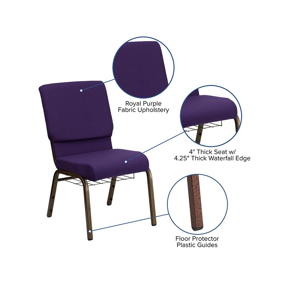 18.5''W Church Chair in Royal Purple Fabric with Cup Book Rack - Gold Vein Frame