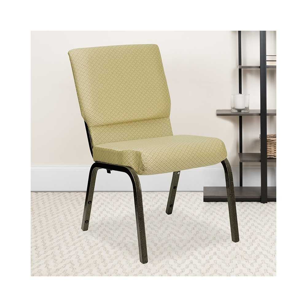 18.5''W Stacking Church Chair in Beige Patterned Fabric - Gold Vein Frame
