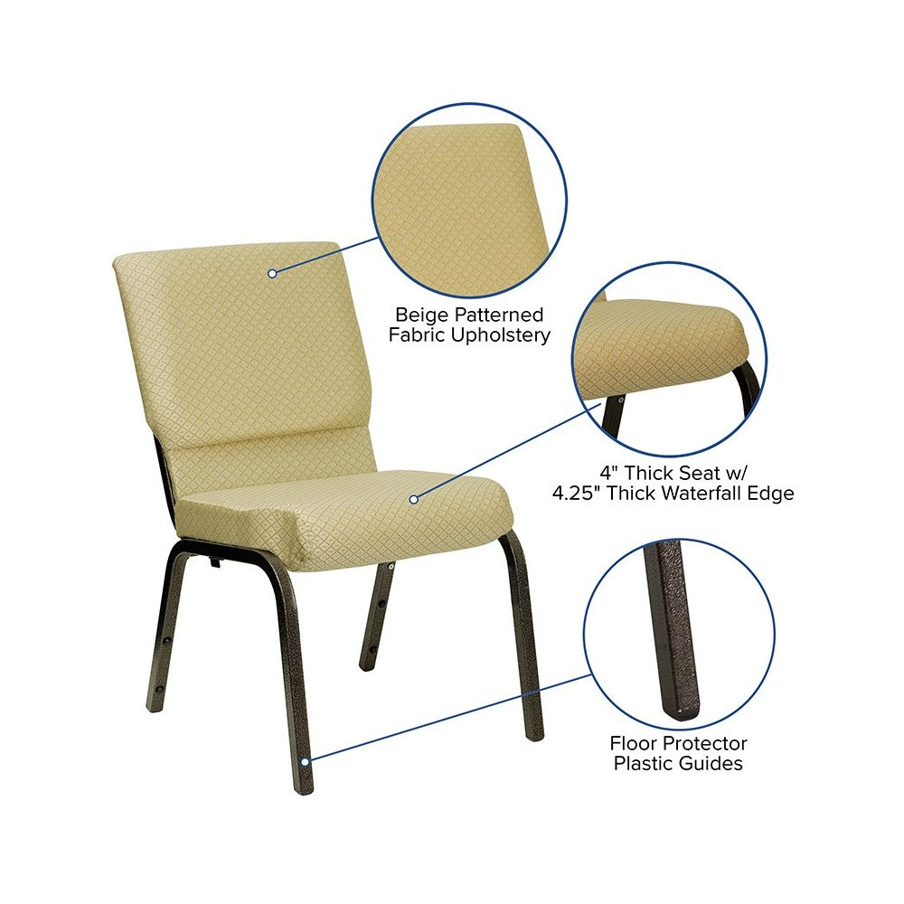18.5''W Stacking Church Chair in Beige Patterned Fabric - Gold Vein Frame