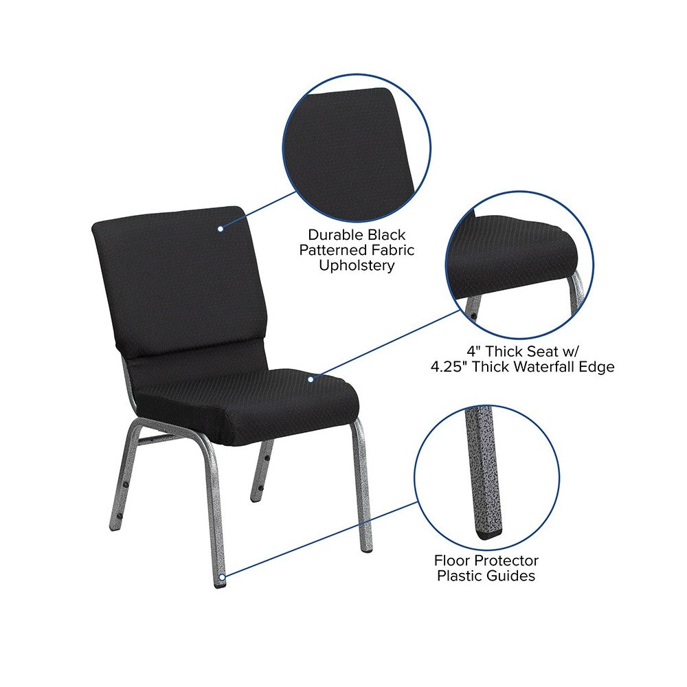 18.5''W Stacking Church Chair in Black Patterned Fabric - Silver Vein Frame