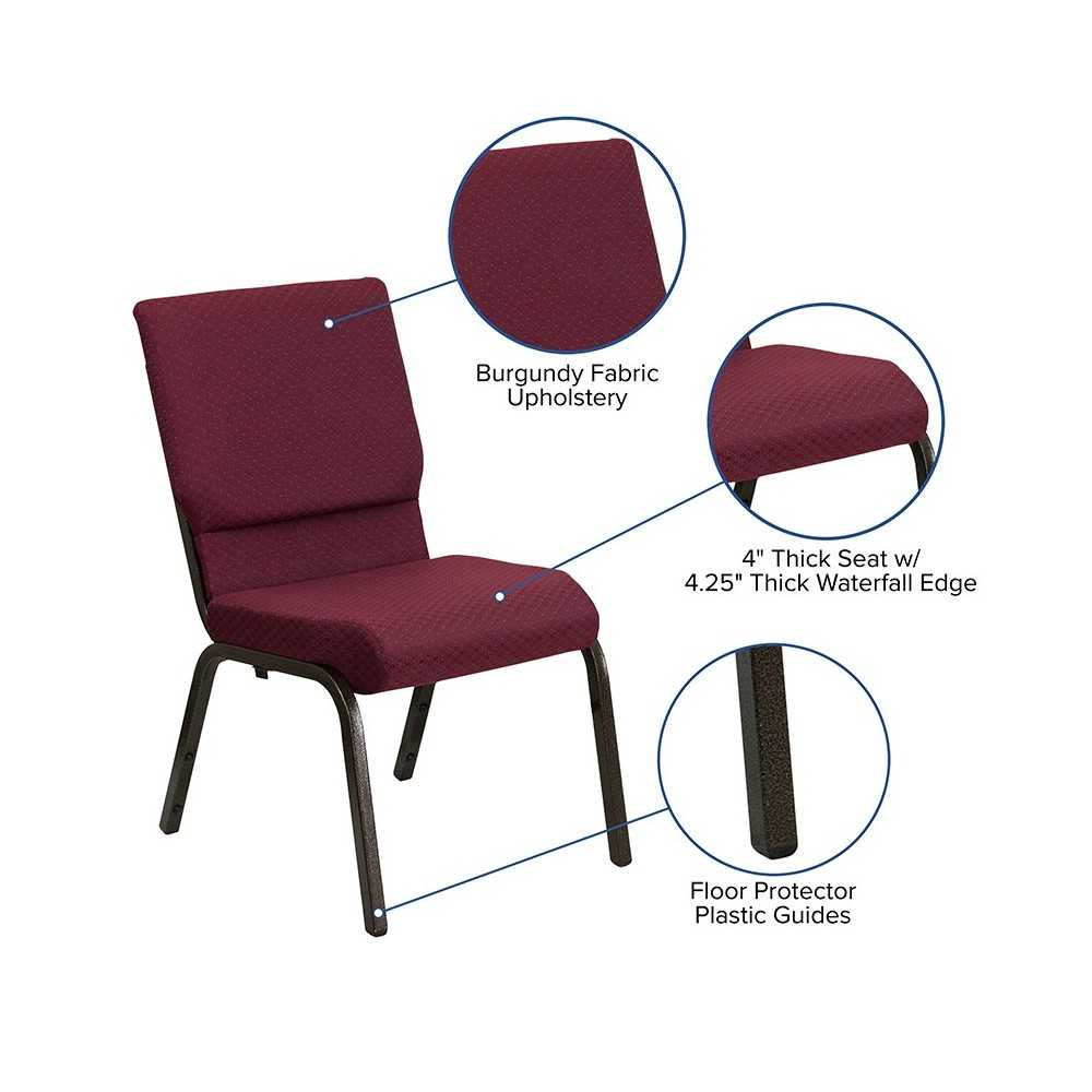 18.5''W Stacking Church Chair in Burgundy Patterned Fabric - Gold Vein Frame