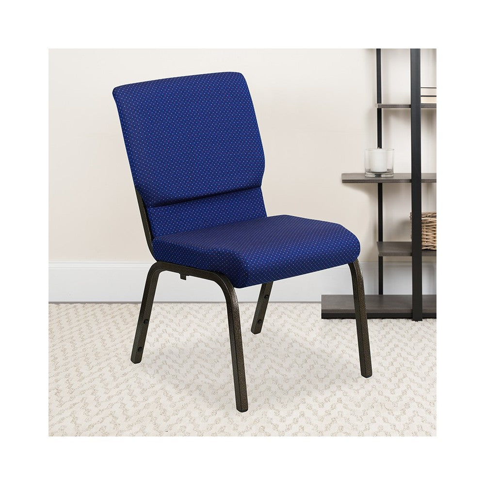18.5''W Stacking Church Chair in Navy Blue Patterned Fabric - Gold Vein Frame