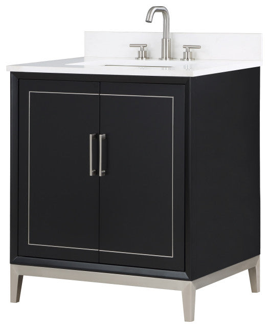 Gracie 30" Bathroom Vanity, Black, 30", Brushed Nickel Trim, White Quartz Top