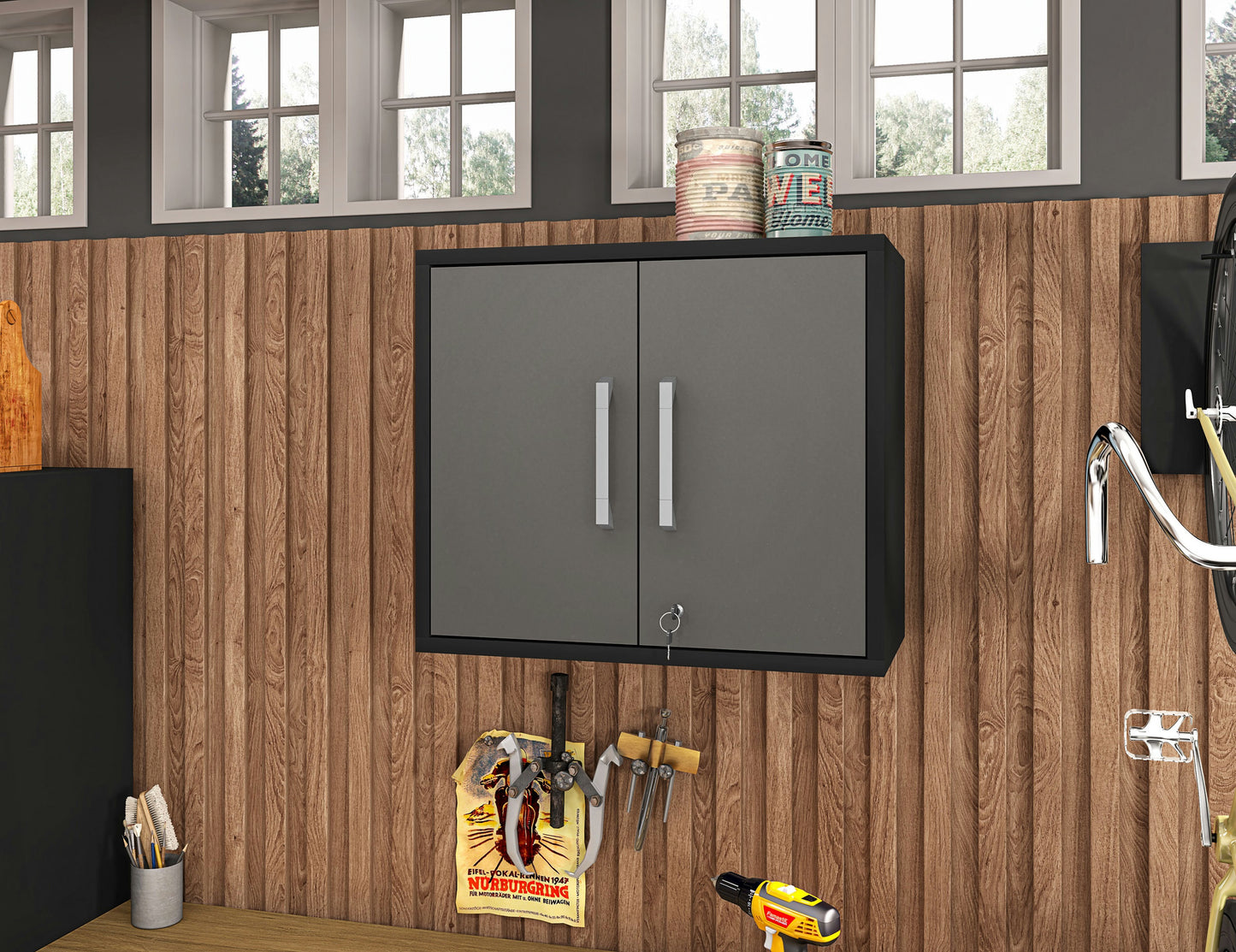 Eiffel Floating Garage Cabinet in Matte Black and Grey (Set of 2)