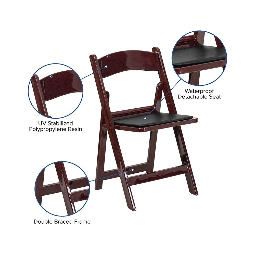 2 Pack 1000 lb. Capacity Red Mahogany Resin Folding Chair with Black Vinyl Padded Seat
