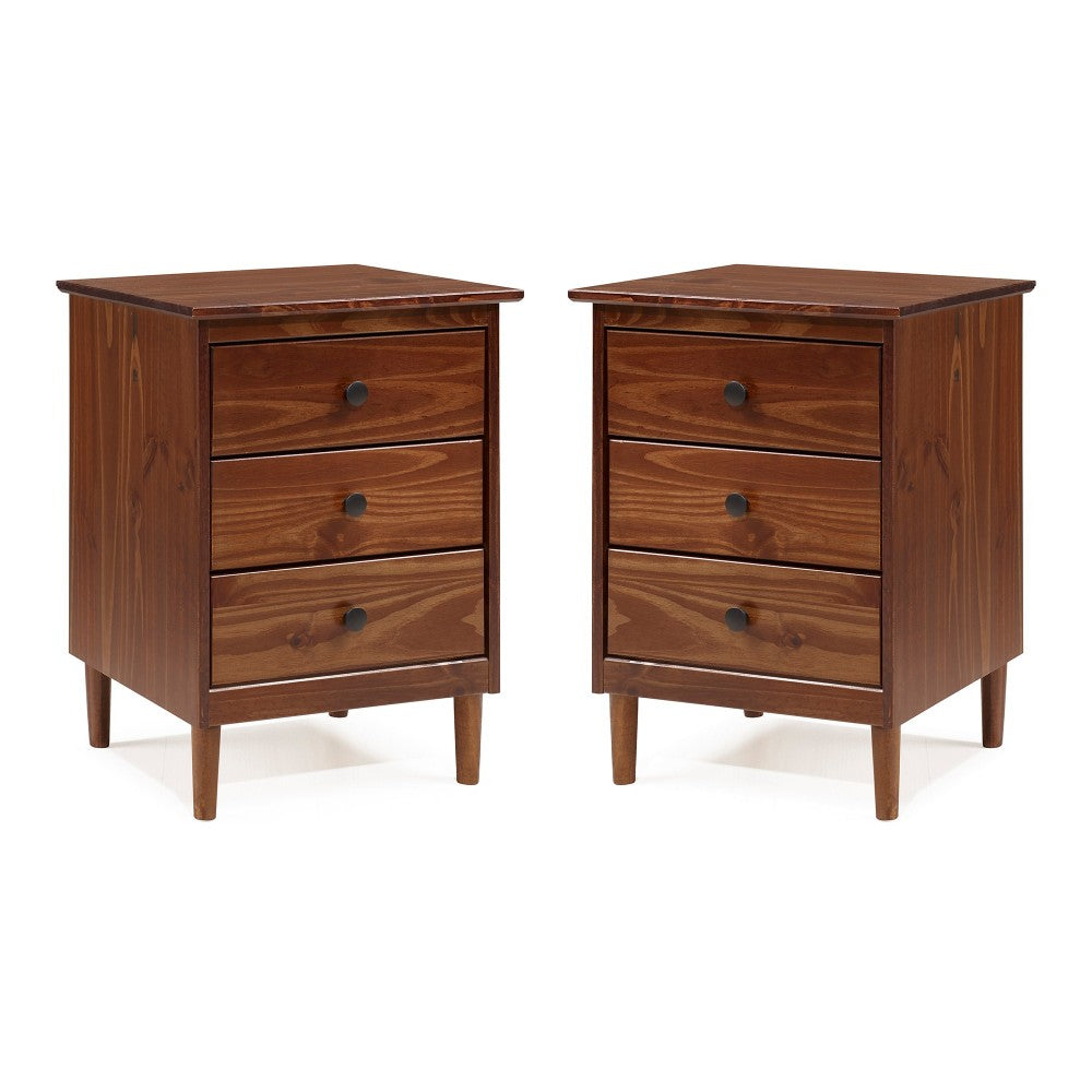 2 Pack 3 Drawer Solid Wood Nightstands- Walnut