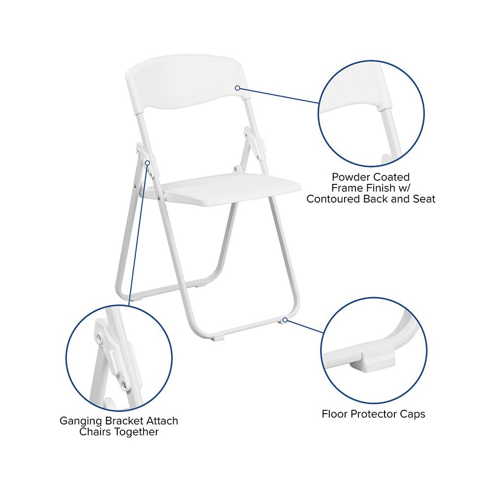 2 Pack 500 lb. Capacity Heavy Duty White Plastic Folding Chair with Built-in Ganging Brackets