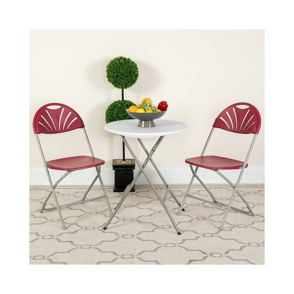 2 Pack 650 lb. Capacity Burgundy Plastic Fan Back Folding Chair
