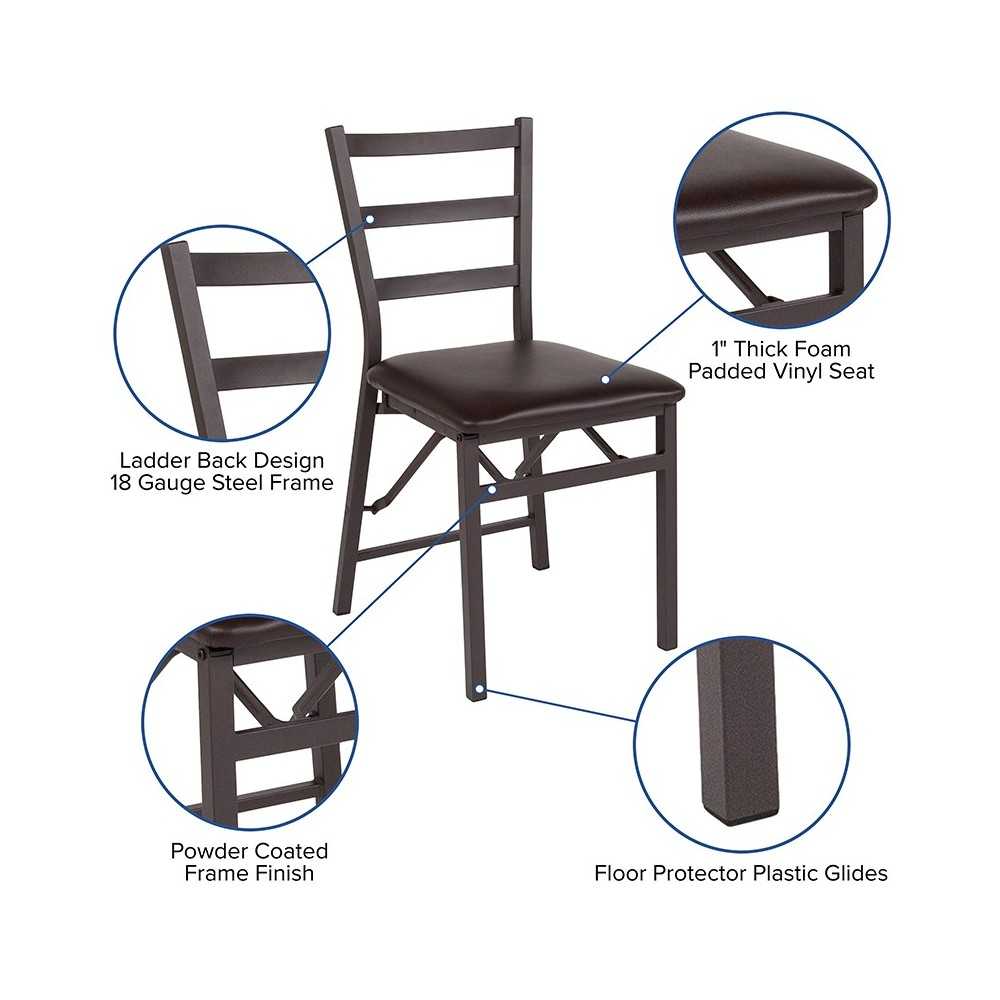 2 Pack Brown Folding Ladder Back Metal Chair with Brown Vinyl Seat