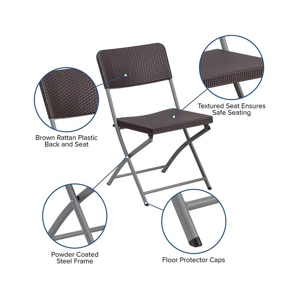 2 Pack Brown Rattan Plastic Folding Chair with Gray Frame