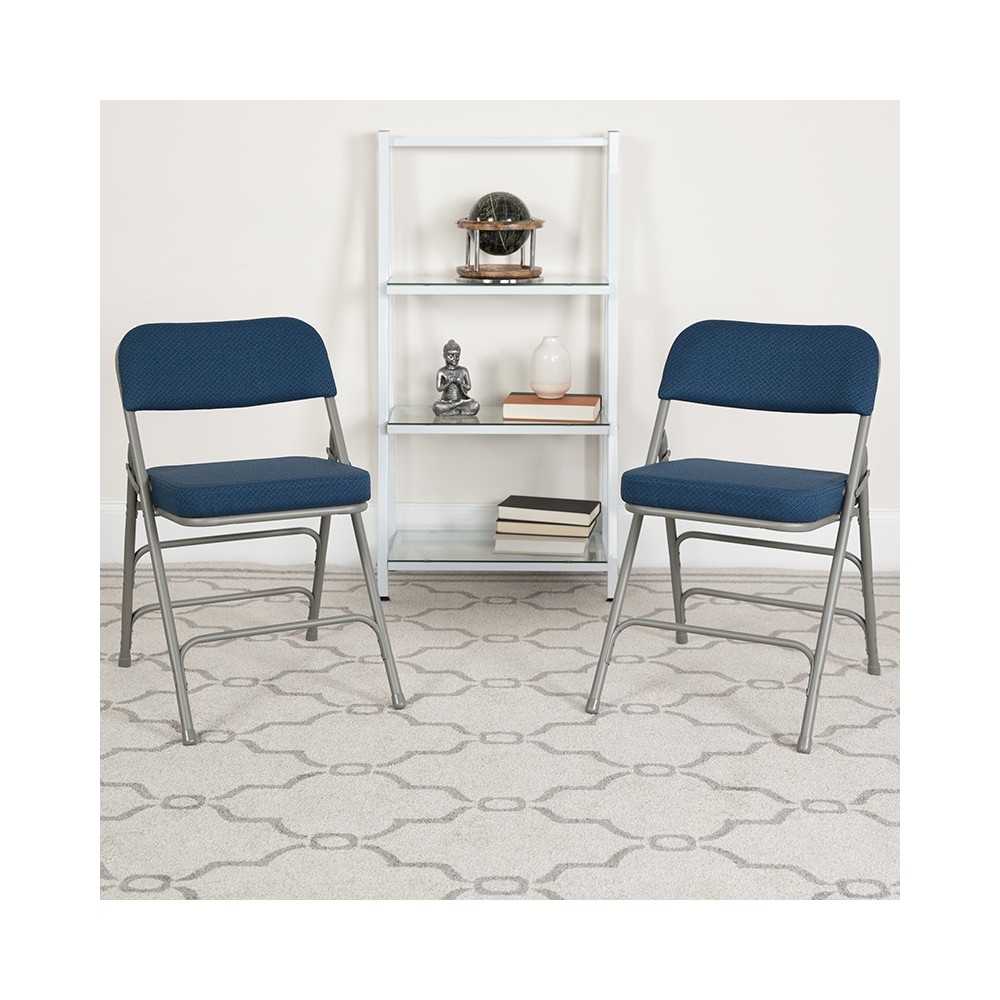 2 Pack Premium Curved Triple Braced & Double Hinged Navy Fabric Metal Folding Chair