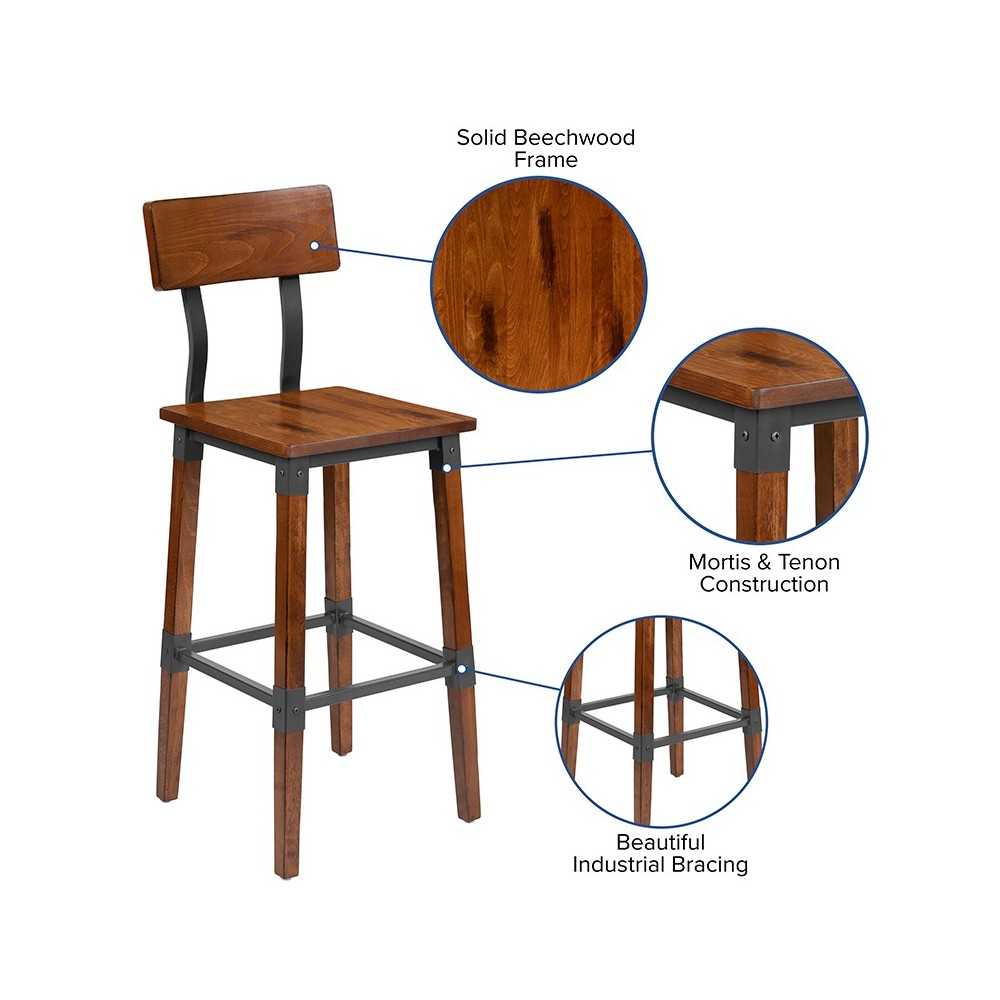 2 Pack Rustic Antique Walnut Industrial Wood Dining Barstool
