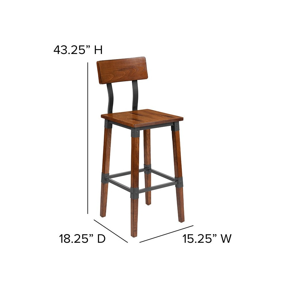 2 Pack Rustic Antique Walnut Industrial Wood Dining Barstool