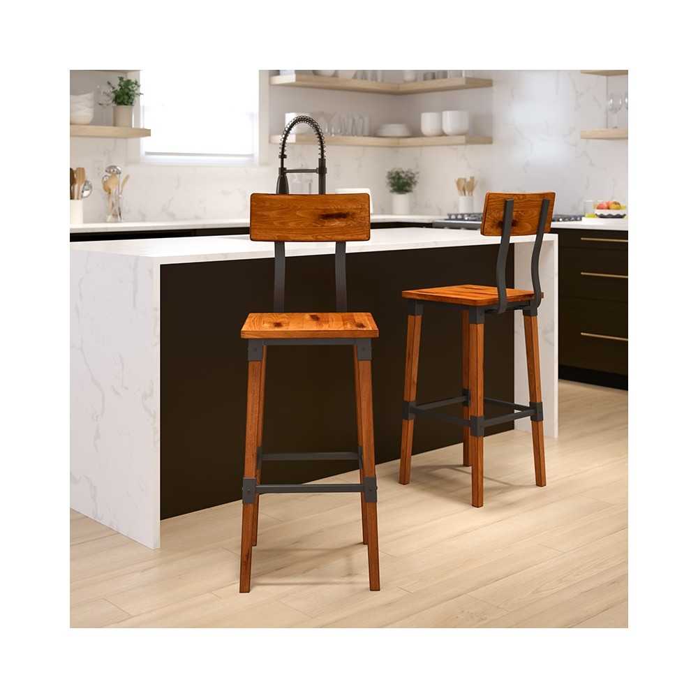 2 Pack Rustic Antique Walnut Industrial Wood Dining Barstool