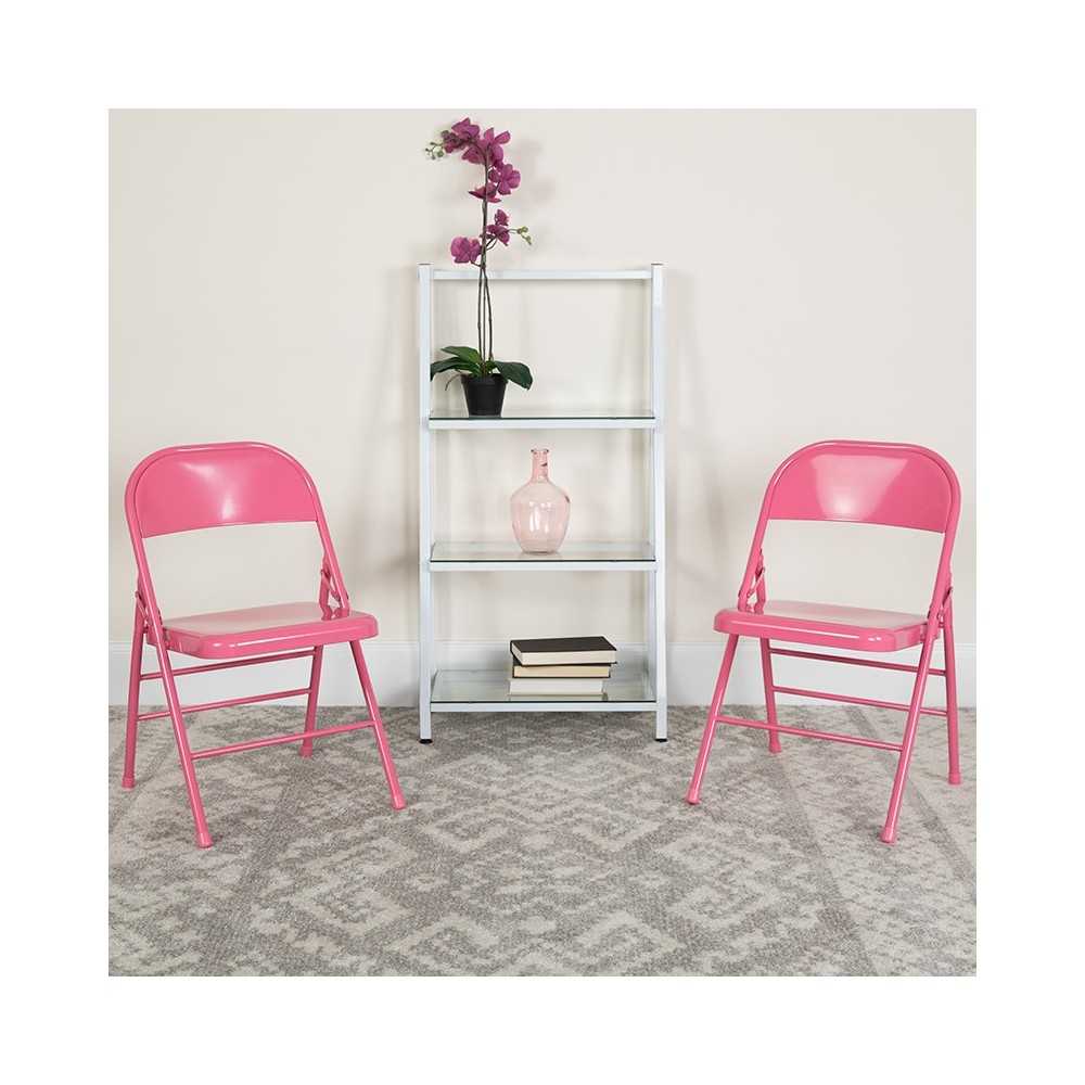 2 Pack Series Bubblegum Pink Triple Braced & Double Hinged Metal Folding Chair