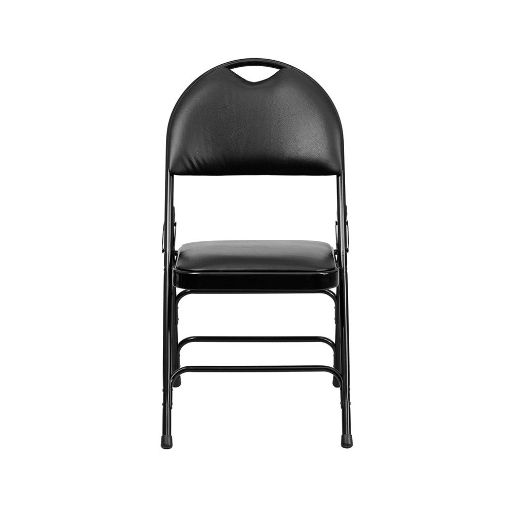 2 Pack Ultra-Premium Triple Braced Black Vinyl Metal Folding Chair with Easy-Carry Handle