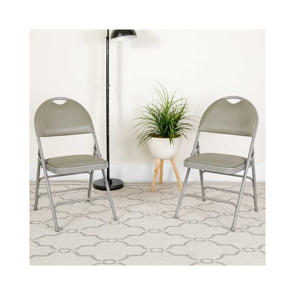 2 Pack Ultra-Premium Triple Braced Gray Vinyl Metal Folding Chair with Easy-Carry Handle