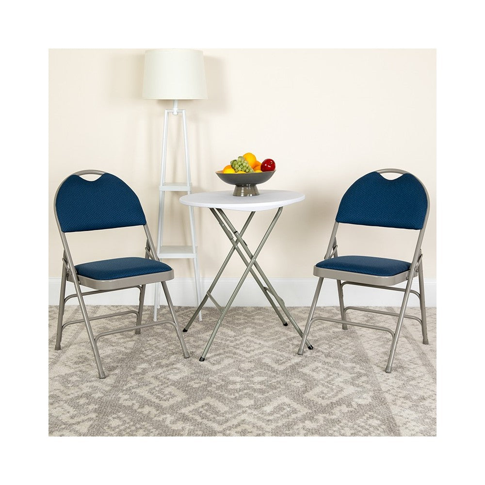 2 Pack Ultra-Premium Triple Braced Navy Fabric Metal Folding Chair with Easy-Carry Handle