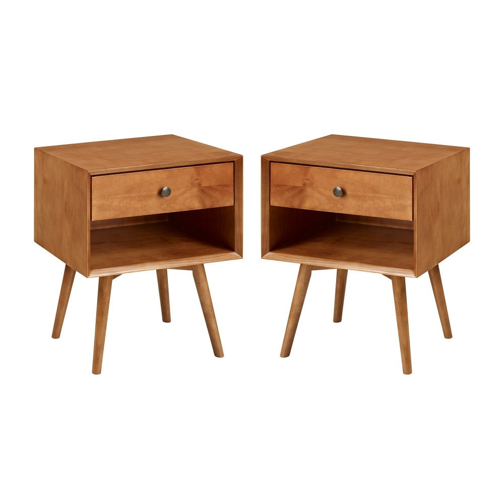 2 Piece 1-Drawer Mid-Century Solid Wood Nightstand - Caramel
