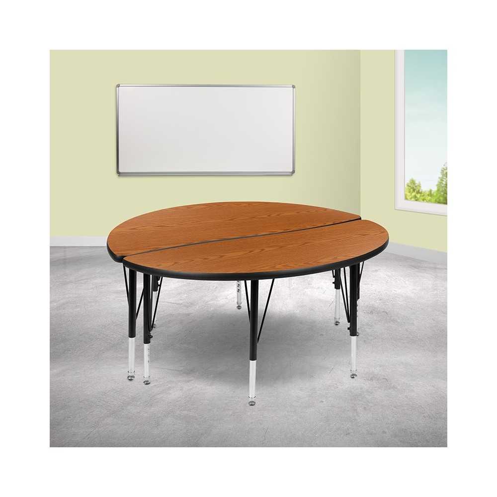 2 Piece 47.5" Circle Wave Collaborative Oak Thermal Laminate Activity Table Set - Height Adjustable Short Legs