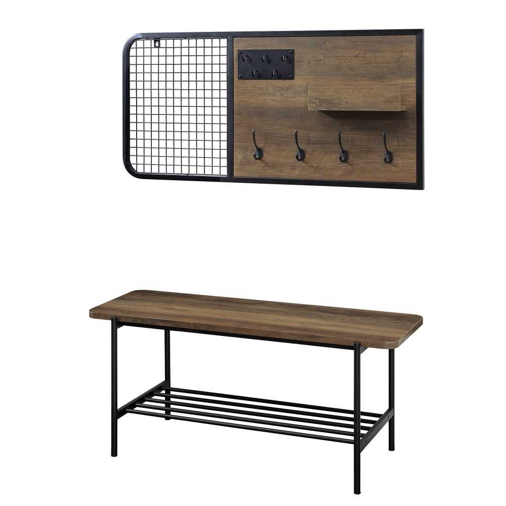 2 Piece Metal and Wood Bench with Wall Organizer - Rustic Oak