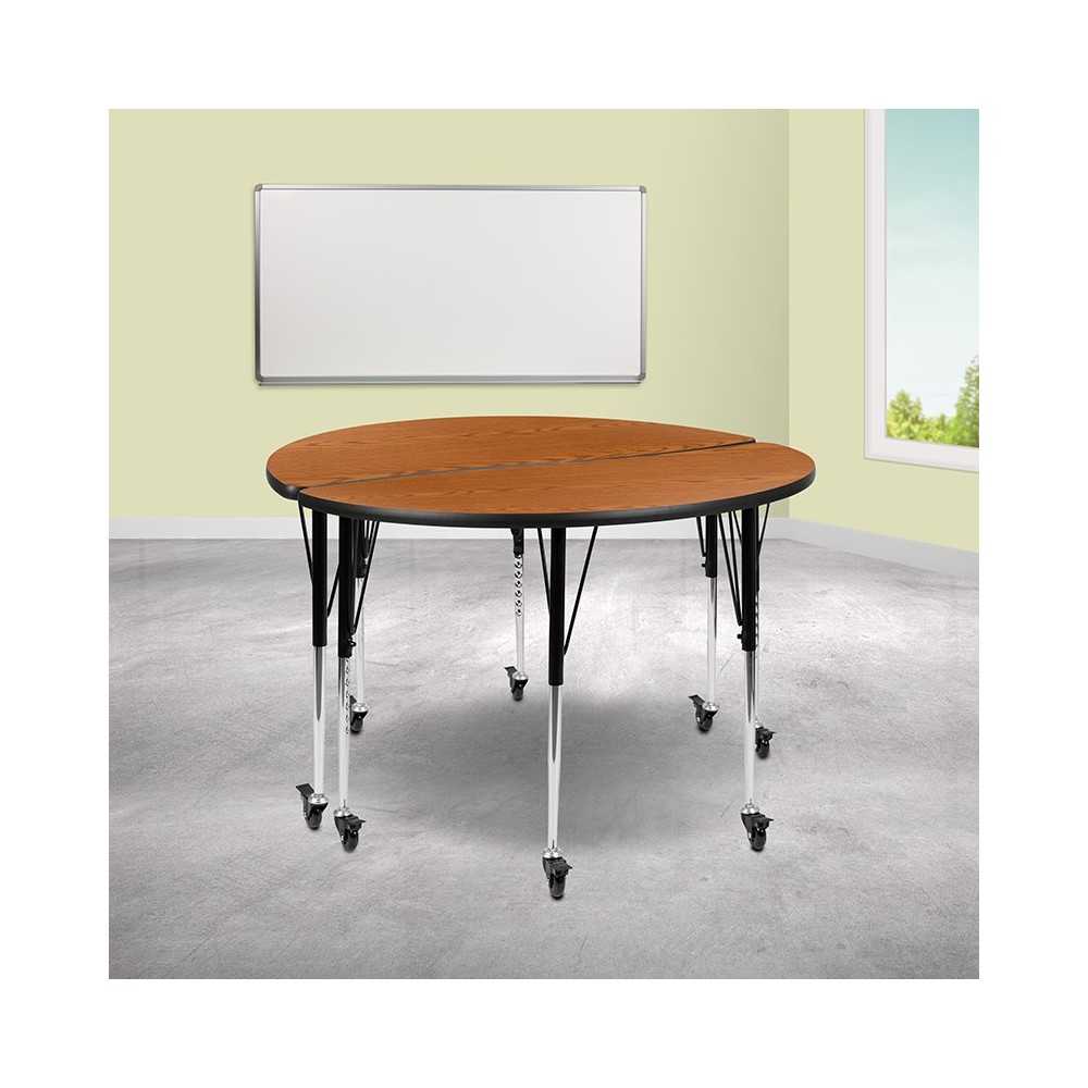 2 Piece Mobile 47.5" Circle Wave Collaborative Oak Thermal Laminate Adjustable Activity Table Set