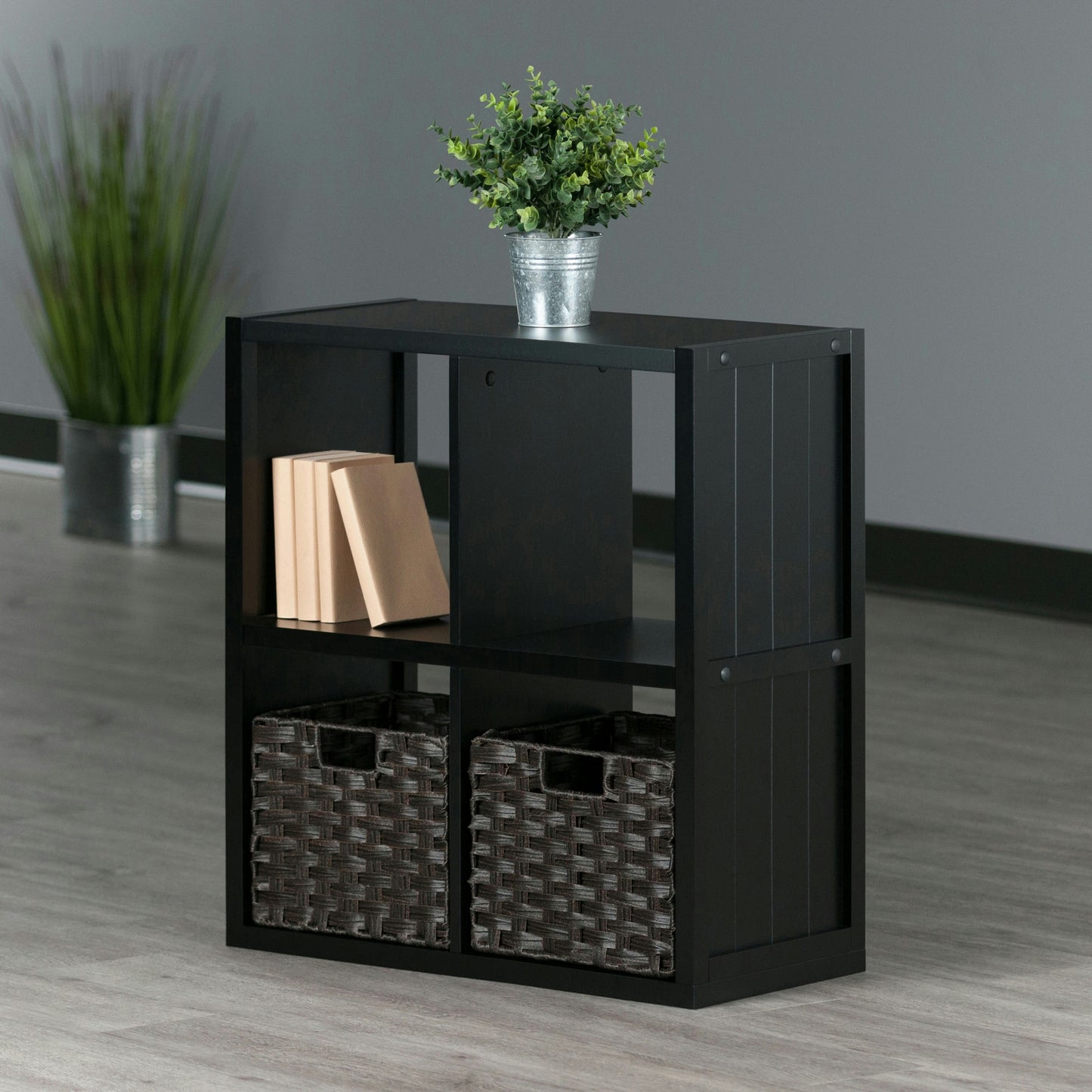 Timothy 3-Pc 2x2 Storage Shelf with 2 Foldable Woven Baskets, Black & Chocolate