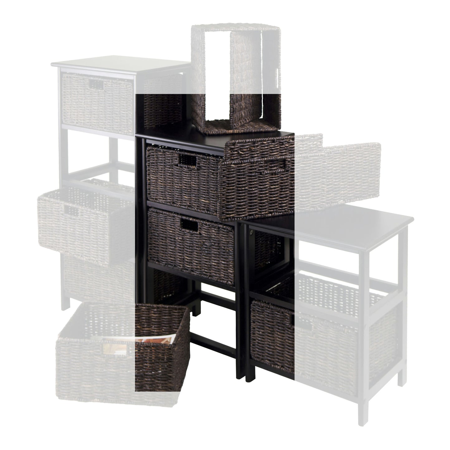 Omaha Storage Rack with 3 Foldable Corn Husk Baskets, Black and Chocolate