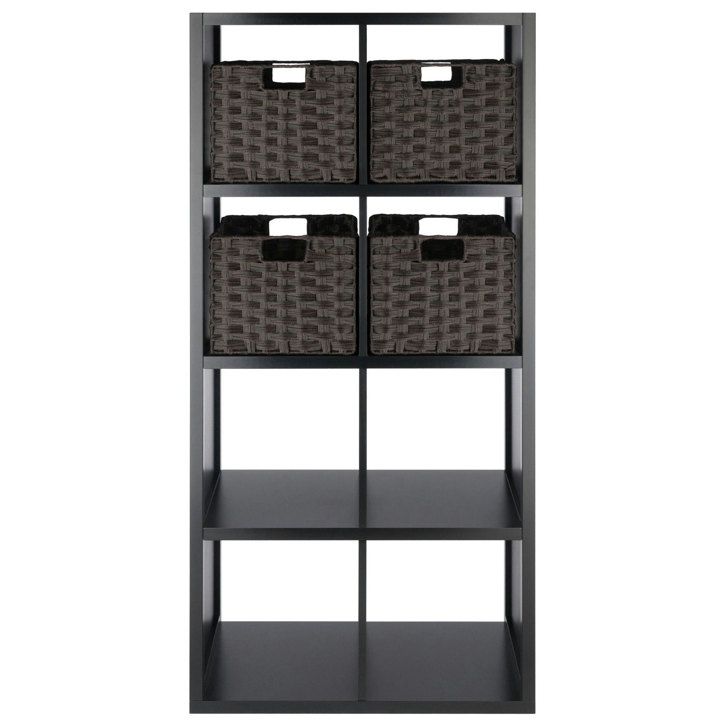 Timothy 5-Pc 4x2 Storage Shelf with 4 Foldable Woven Baskets, Black & Chocolate