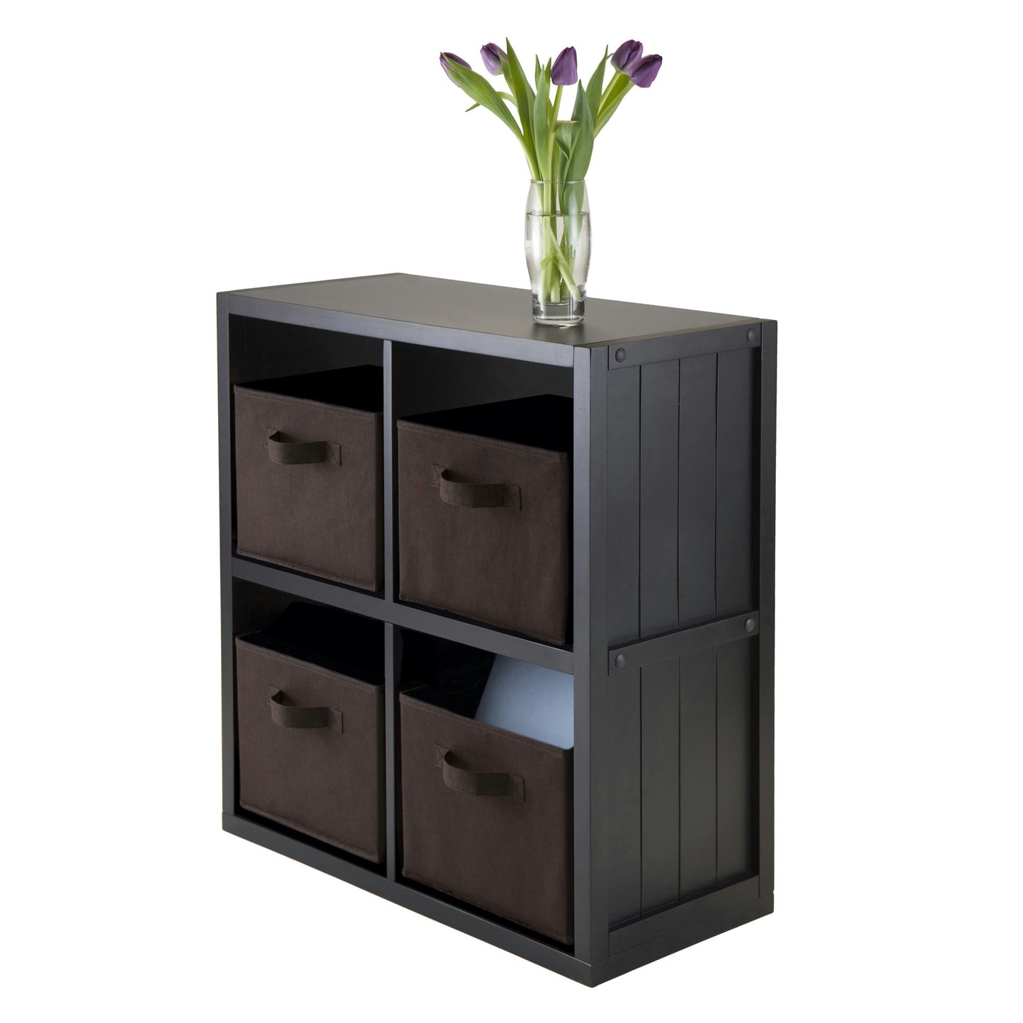 Timothy 5-Pc 2x2 Storage Shelf with 4 Foldable Fabric Baskets, Black & Chocolate