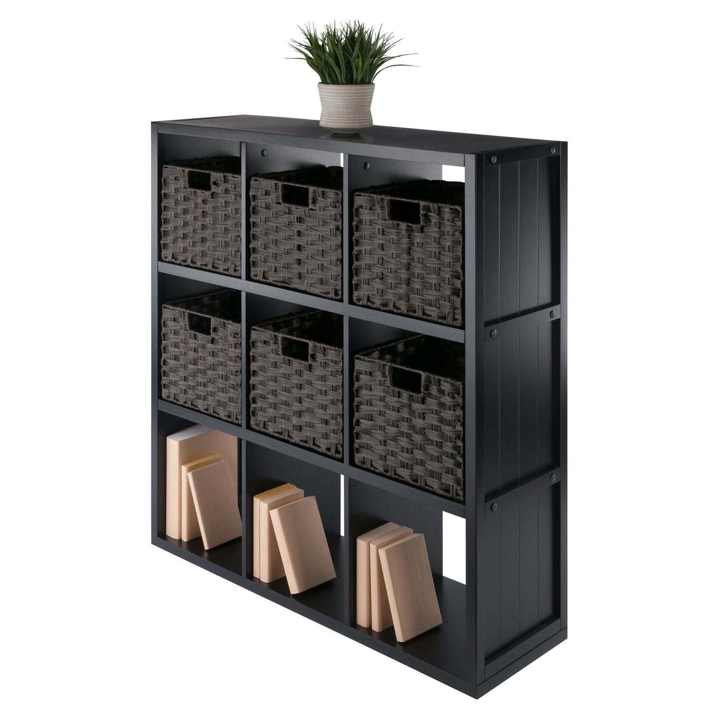 Timothy 7-Pc 3x3 Storage Shelf with 6 Foldable Woven Baskets, Black & Chocolate