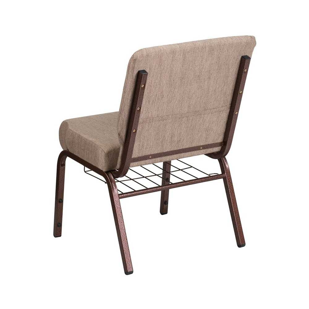 21''W Church Chair in Beige Fabric with Book Rack - Copper Vein Frame