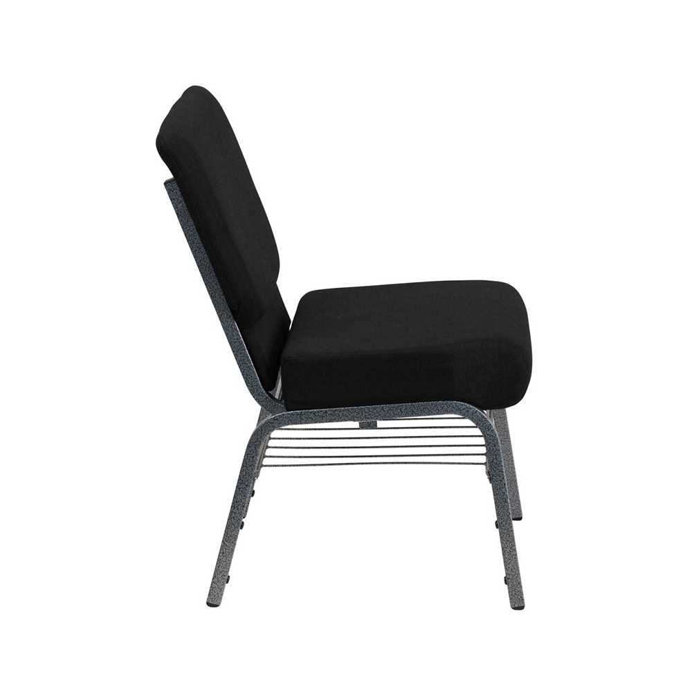 21''W Church Chair in Black Fabric with Book Rack - Silver Vein Frame