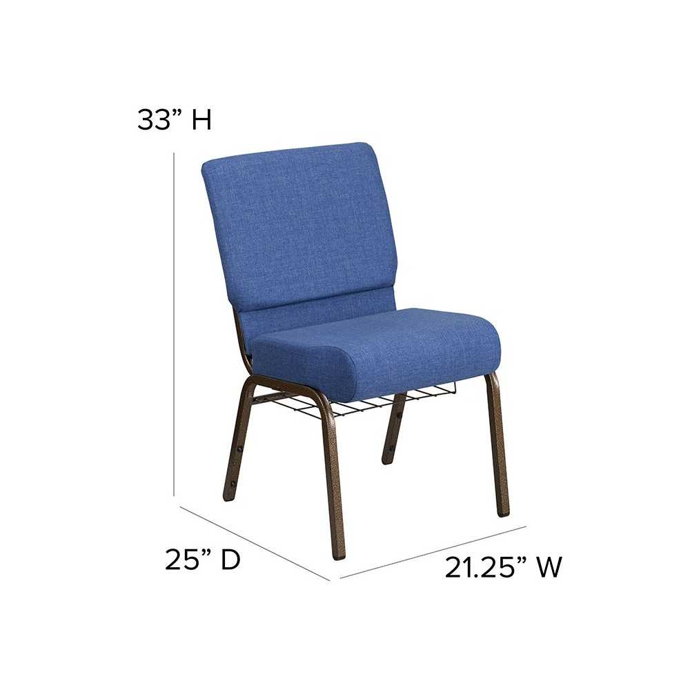 21''W Church Chair in Blue Fabric with Cup Book Rack - Gold Vein Frame
