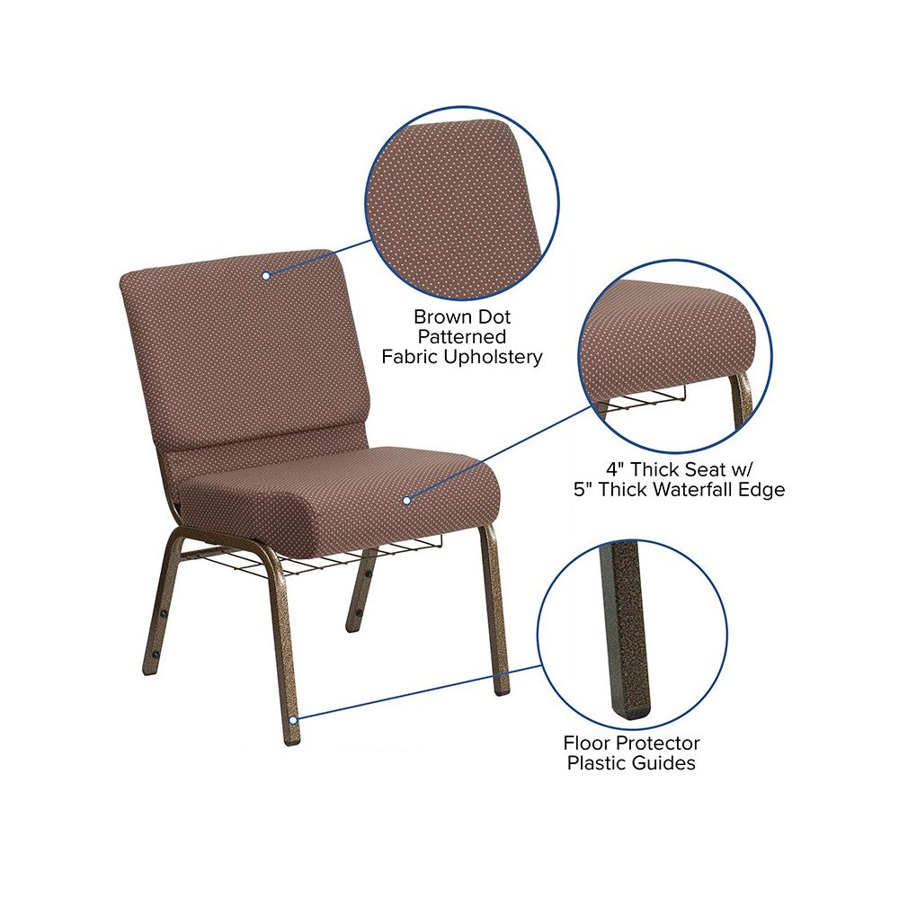 21''W Church Chair in Brown Dot Fabric with Book Rack - Gold Vein Frame