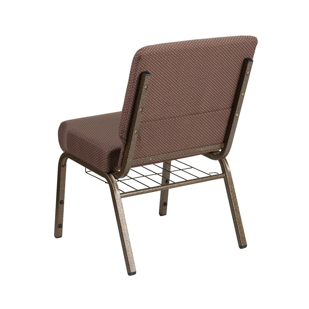 21''W Church Chair in Brown Dot Fabric with Book Rack - Gold Vein Frame